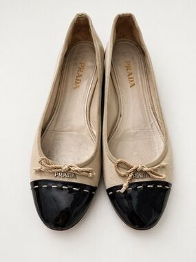 Prada Canvas Cap Toe Ballet Flats Beige Black Women Sz 7
